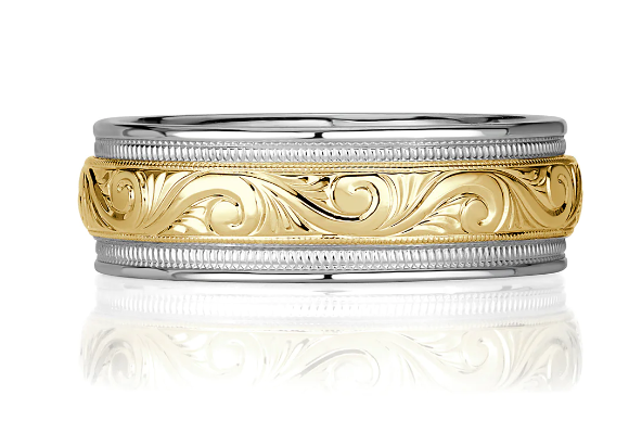 Men's two-tone hand-engraved wedding band in white and yellow gold.
