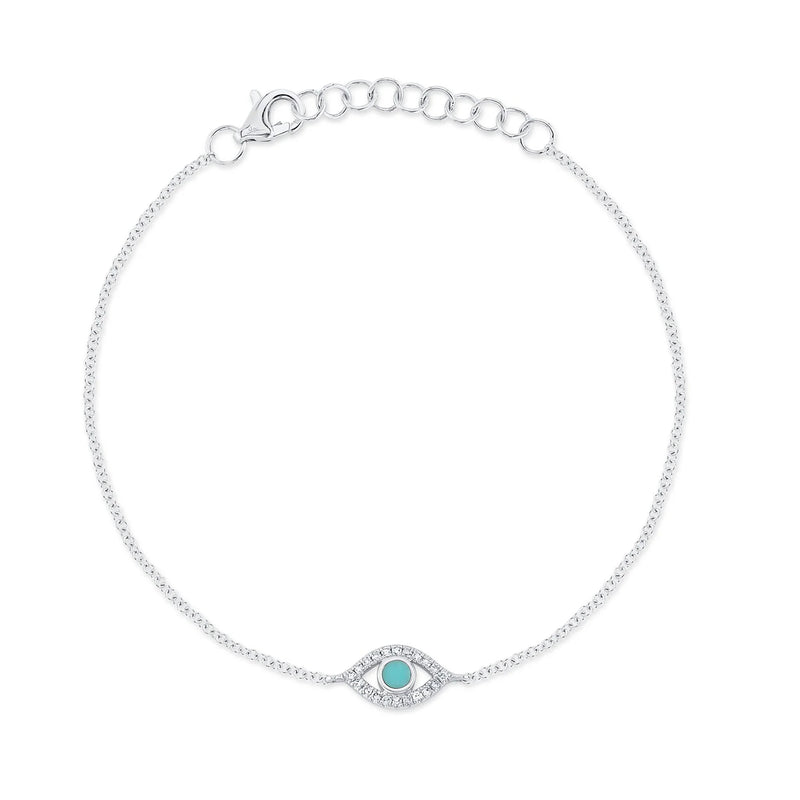 0.13ct Turquoise and Round Brilliant Cut Diamond Evil Eye Bracelet in 14k White Gold