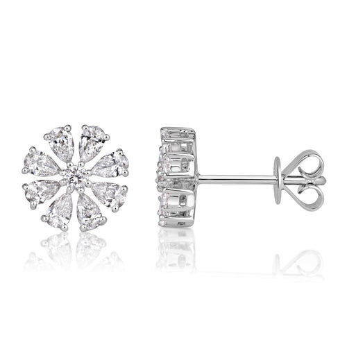 0.71ct Pear Shaped and Round Brilliant Cut Diamond Floral Stud Earrings in 18K White Gold