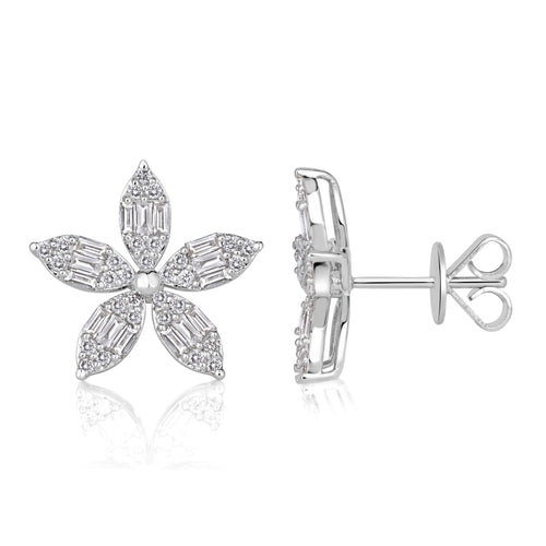 0.67ct Baguette and Round Brilliant Cut Diamond Floral Stud Earrings in 18k White Gold
