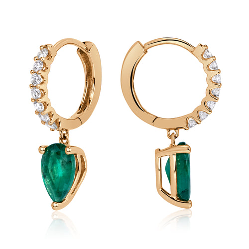 2.08ct Green Emerald and Diamond Dangle Huggie Earrings in 18K Yellow Gold