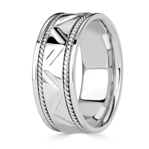 Men's Handcrafted Zigzag Wedding Band in 14K White Gold at 8.5mm