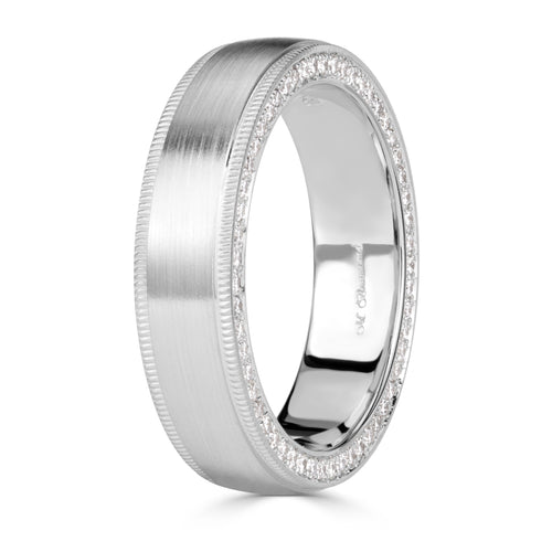 0.70ct Round Brilliant Cut Diamond Men's Engraved Edge Wedding Band in 18k White Gold at 6mm