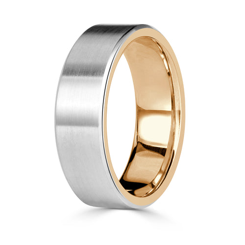 Men's Two-Tone Satin Finish Wedding Band in 14k White and Yellow Gold 7mm