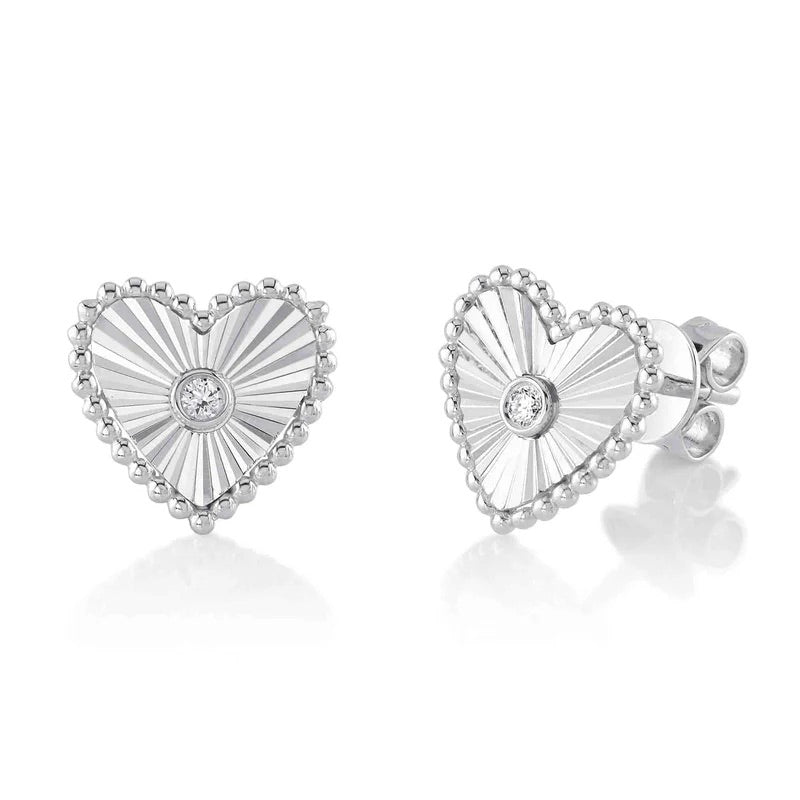 0.04ct Round Brilliant Cut Diamond Fluted Heart Stud Earrings in 14k White Gold