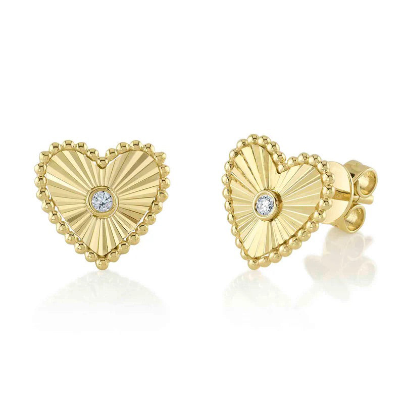 0.04ct Round Brilliant Cut Diamond Fluted Heart Stud Earrings in 14k Yellow Gold