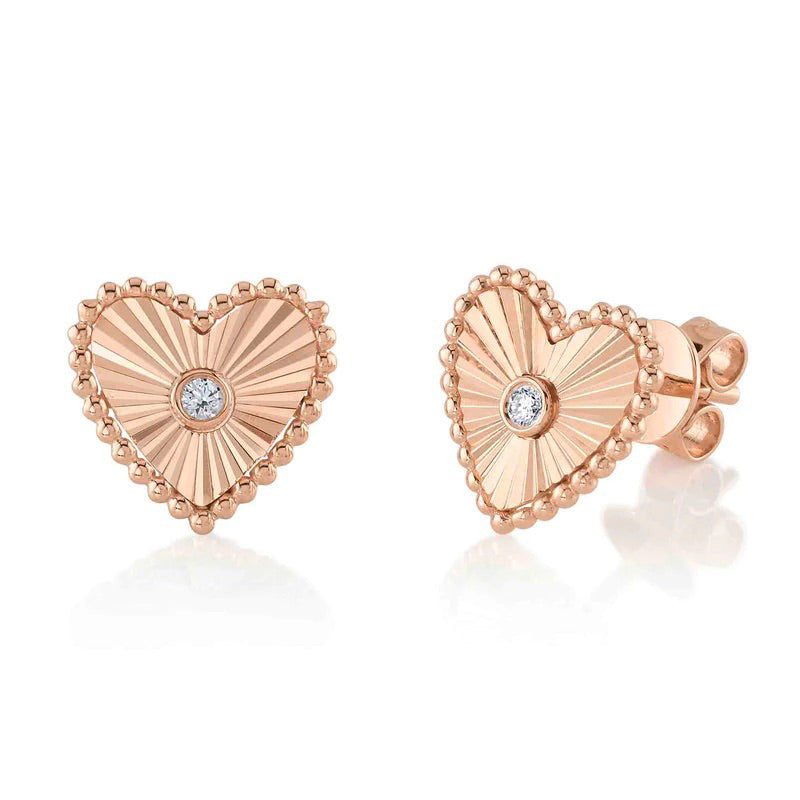 0.04ct Round Brilliant Cut Diamond Fluted Heart Stud Earrings in 14k Rose Gold
