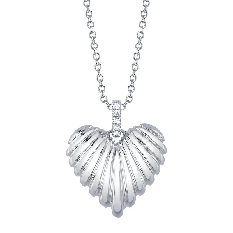 0.02ct Round Brilliant Cut Diamond Fluted Heart Necklace in 14k White Gold