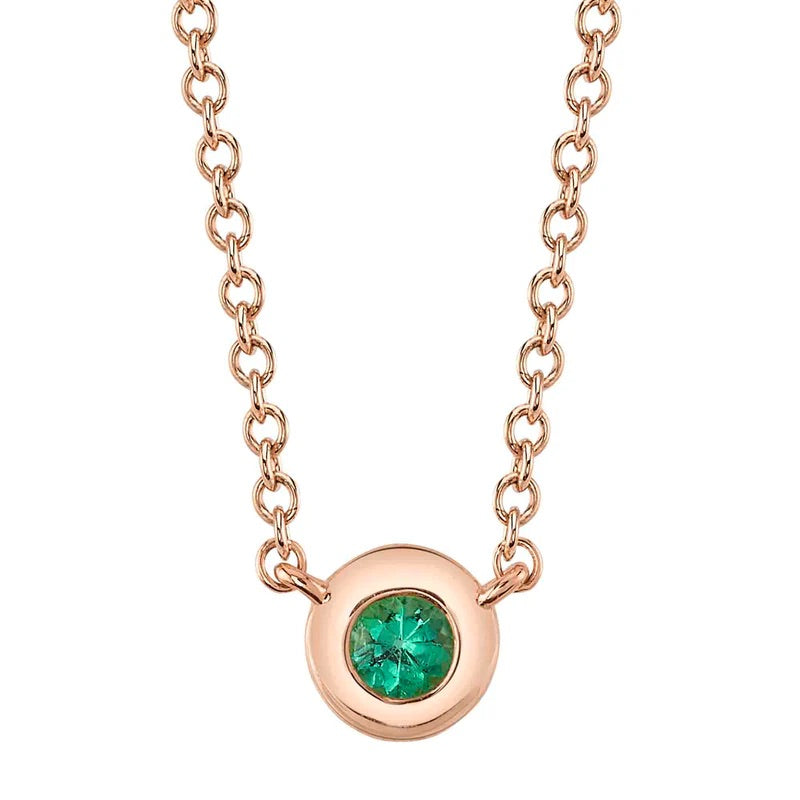 0.04ct Round Brilliant Cut Green Emerald Bezel Necklace in 14k Rose Gold
