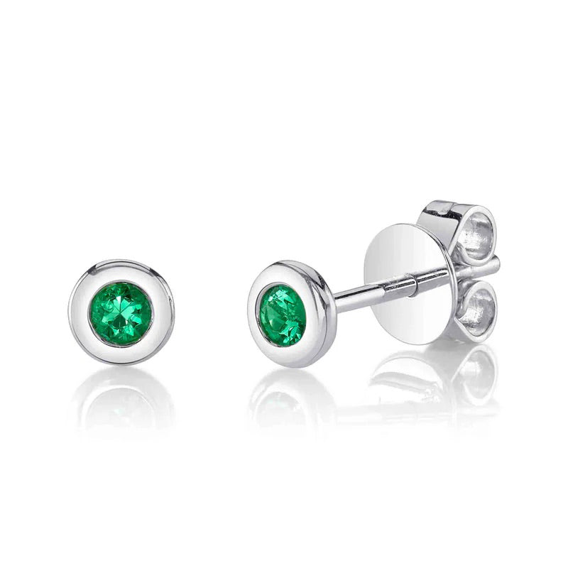 0.08ct Round Brilliant Cut Green Emerald Bezel Stud Earrings in 14k White Gold