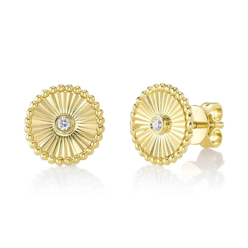 0.04ct Round Brilliant Cut Diamond Fluted Circle Stud Earrings in 14k Yellow Gold