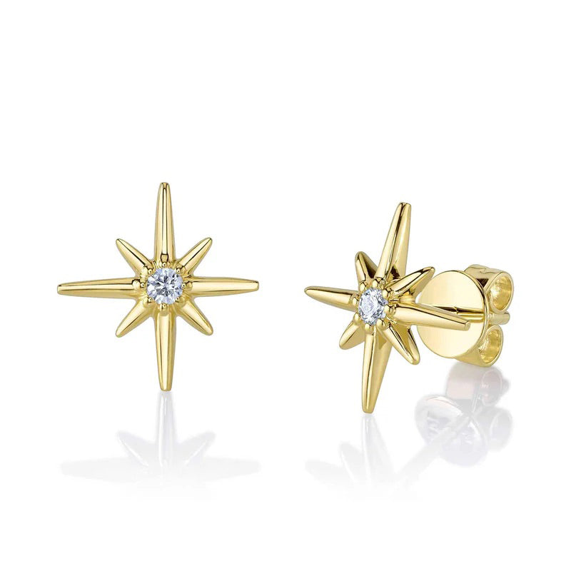 0.07ct Round Brilliant Cut Diamond North Star Stud Earrings in 14k Yellow Gold