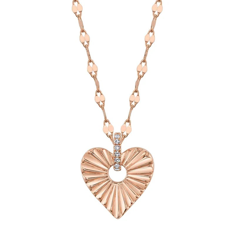 0.02ct Round Brilliant Cut Diamond Fluted Heart Necklace in 14k Rose Gold