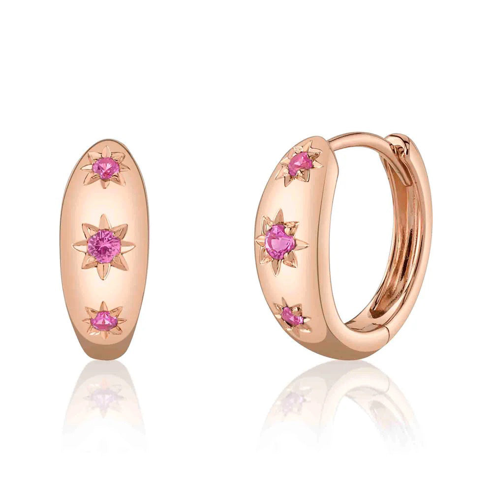 Round Brilliant Cut Pink Sapphire Star Huggie Earrings