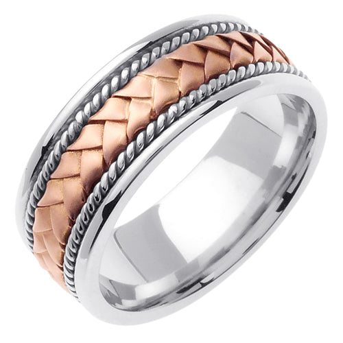 Men's Hand Braided Two-Tone Wedding Band in 18k Rose and White Gold 8.5mm