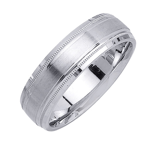 Men's Migrain Detail and Satin Finish  Wedding Band in 14k White Gold 6.5mm