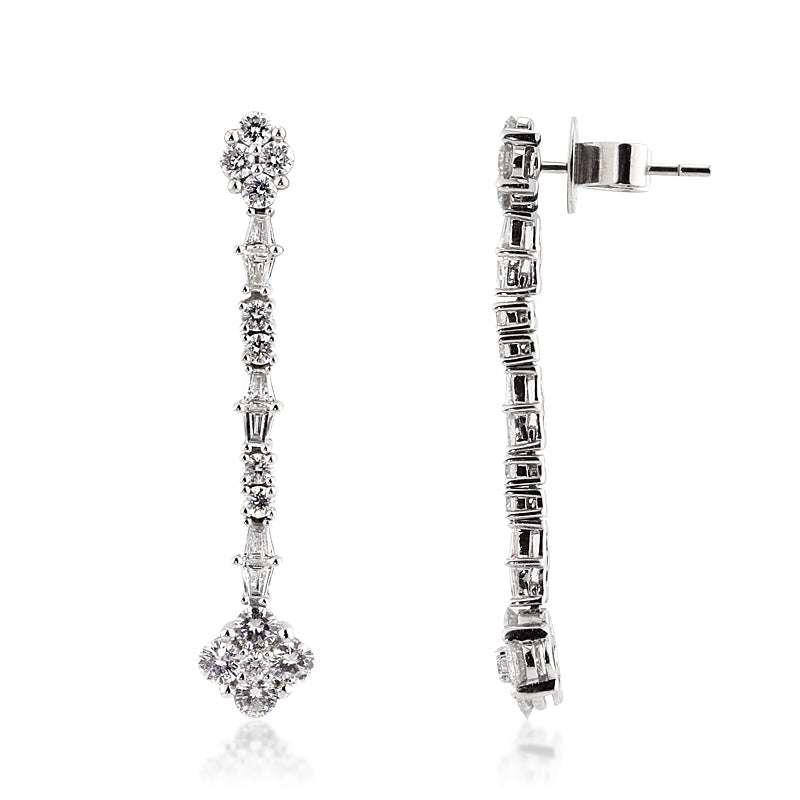 2.08ct Baguette and Round Brilliant Cut Diamond Earrings