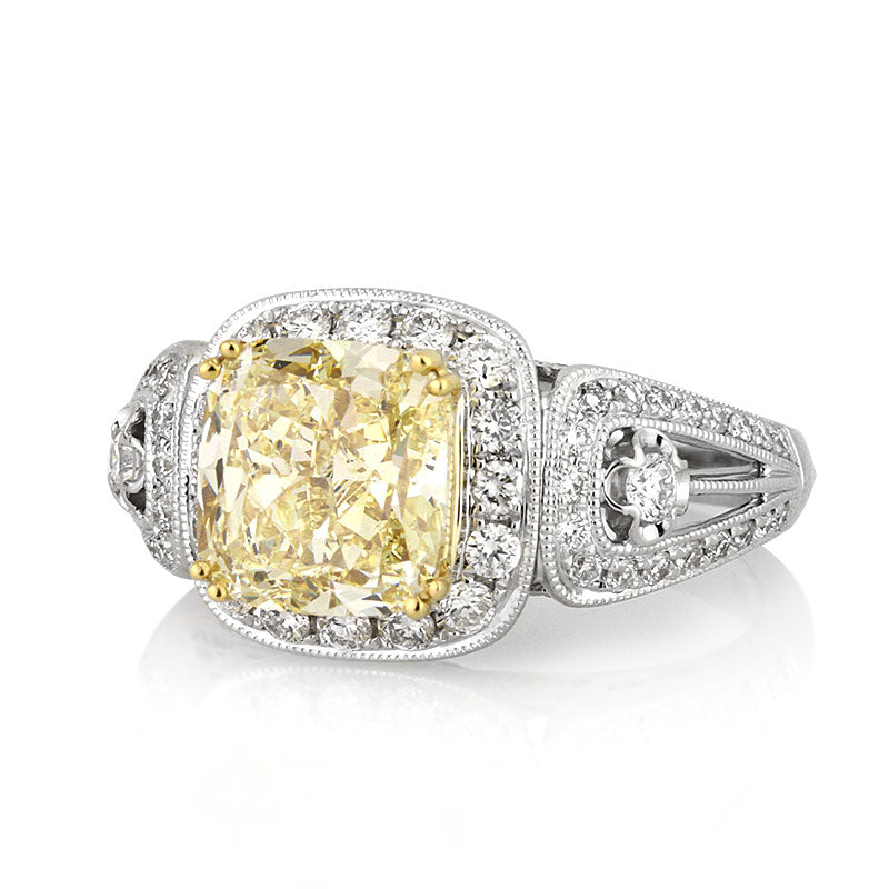 4.05ct Fancy Light Yellow Cushion Cut Diamond Engagement Ring