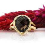 4.83ct Pear Shaped Rose Cut Smoky Quartz and Diamond Right-Hand Fashion Ring