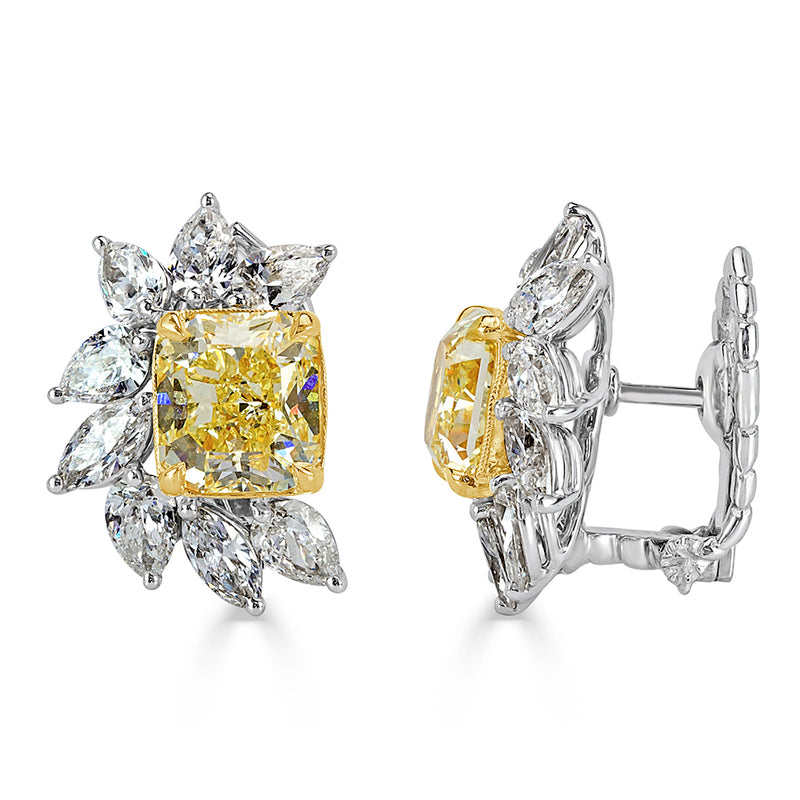8.82ct Fancy Yellow Radiant and Colorless Marquise Cut Diamond Earrings