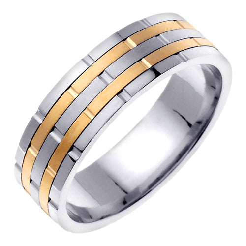 Men's Two-Tone Brick Design Wedding Band in 14k White and Yellow Gold 6.5mm