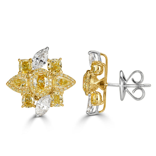 5.42ct Fancy Yellow and White Diamond Cluster Stud Earrings