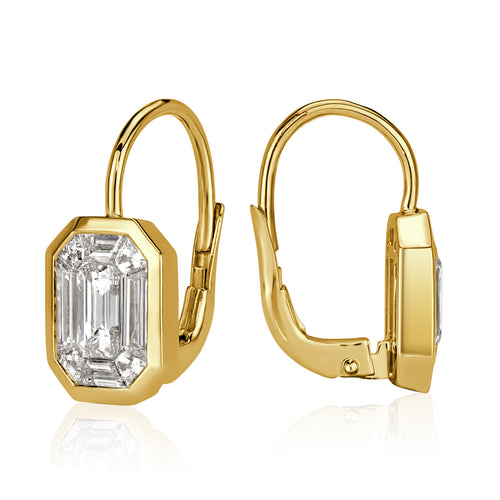 1.70ct Emerald and Trapezoid Cut Mosaic Diamond Dangle Earrings in 14k Yellow Gold