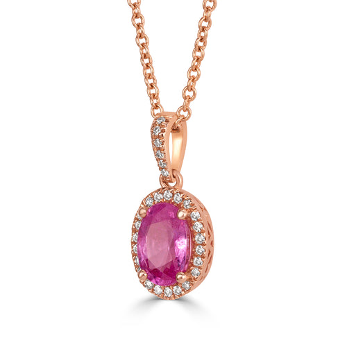 0.93ct Oval Cut Pink Sapphire and Diamond Halo Pendant in 14k Rose Gold