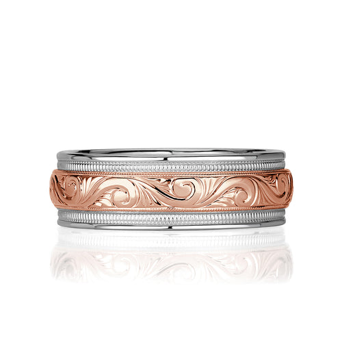 Men's Two-Tone Hand Engraved Wedding Band in 14k White and Rose Gold 7.0mm