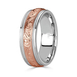 Men's Two-Tone Hand Engraved Wedding Band in 14k White and Rose Gold 7.0mm