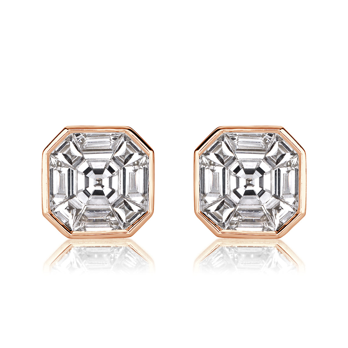 Asscher Cut Mosaic Diamond Stud Earrings in 18K Rose Gold