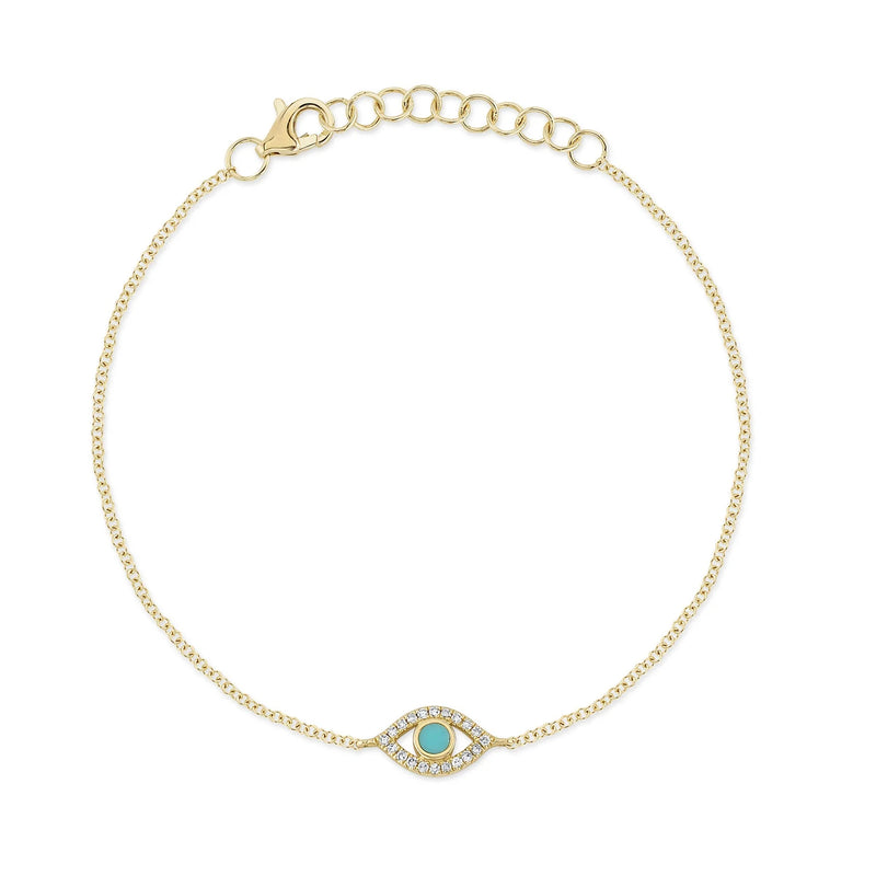 0.13ct Turquoise and Round Brilliant Cut Diamond Evil Eye Bracelet in 14k Yellow Gold