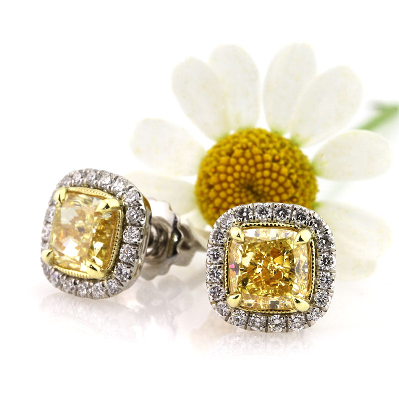 2.52ct fancy yellow cushion cut diamond stud earrings | Mark Broumand