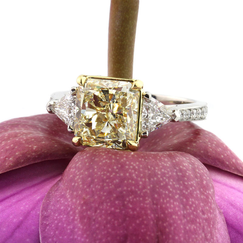 4.18ct Radiant Cut Fancy Yellow Diamond Three Stone Anniversary Ring | Mark Broumand