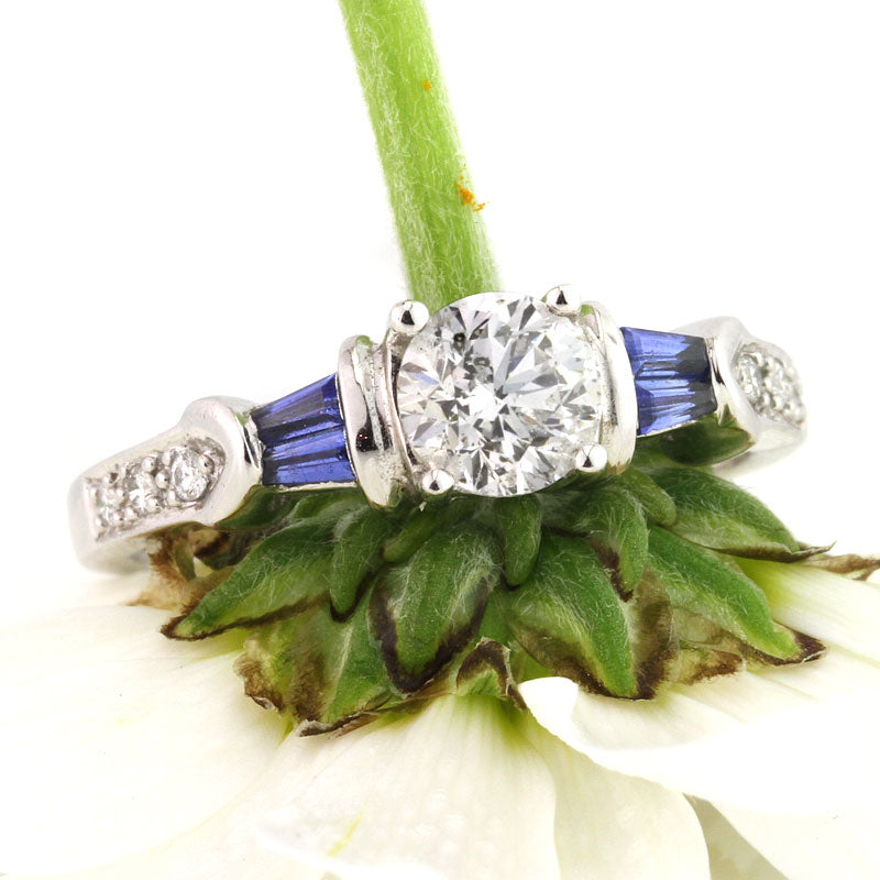 1.23ct Round Brilliant Cut Diamond and Sapphire Engagement Ring | Mark Broumand