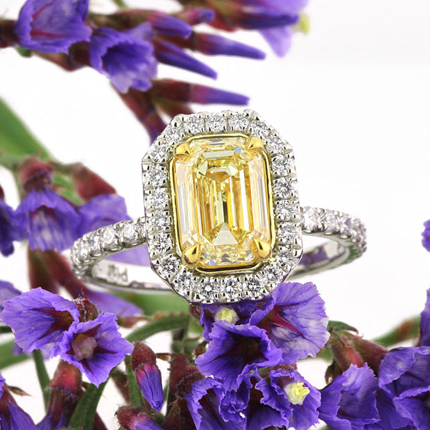 2.37ct fancy yellow emerald cut diamond engagement anniverary ring