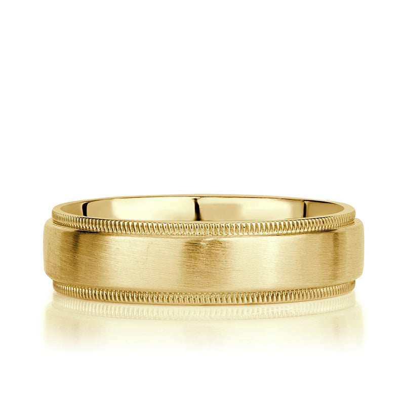 A client chooses a Men’s Wedding Band with a Brushed Finish rather than a Hammered Finish.