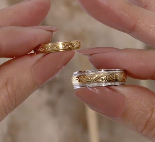 A Men’s Wedding Ring in Mixed Metals that combines a Flat and Dimed profile. How the ring feels on the hand is a leading factor when choosing between a Flat and a Domed Men’s Wedding Band.