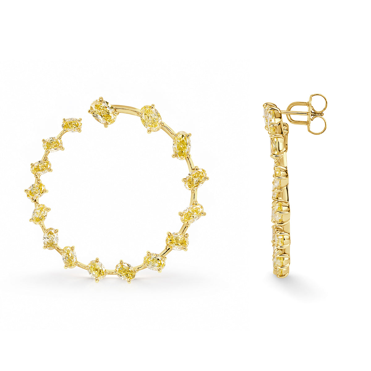 14.47ct Graduated Oval Cut Fancy Intense Yellow Diamond Open Swirl Hoop Earrings