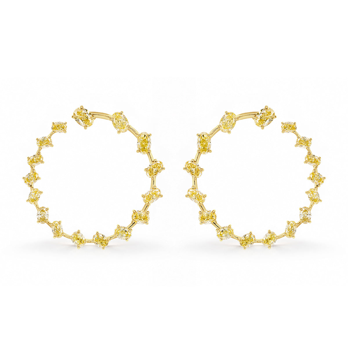 14.47ct Graduated Oval Cut Fancy Intense Yellow Diamond Open Swirl Hoop Earrings