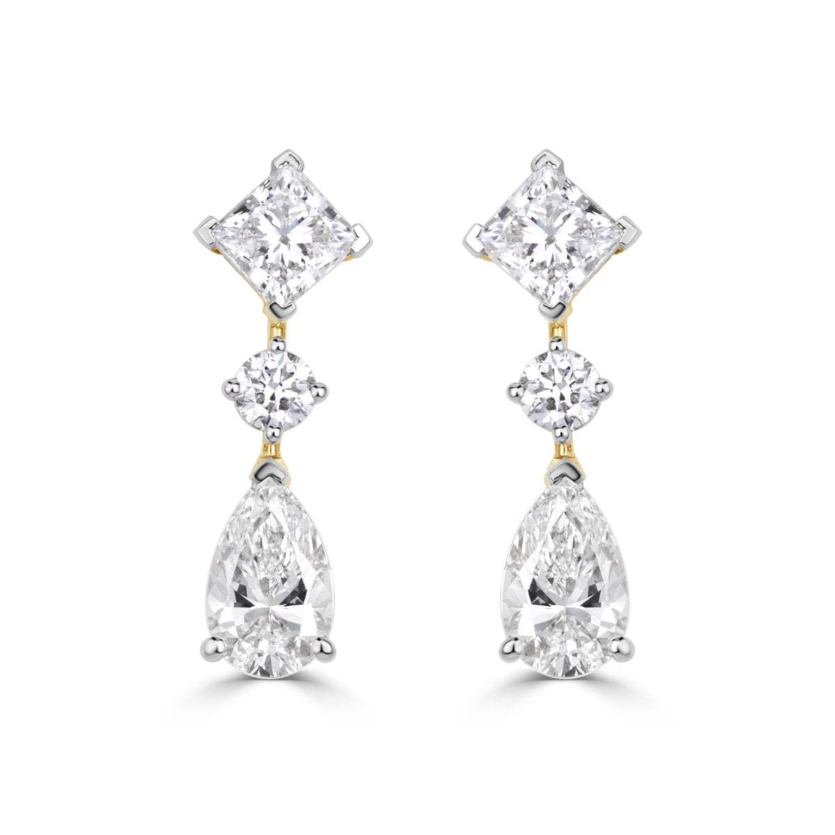2.98ct Princess Cut, Round Brilliant Cut and Pear Shaped Lab Grown Diamond Drop Earrings