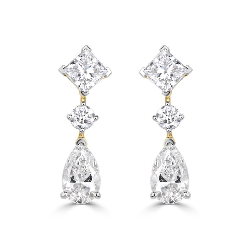 2.98ct Princess Cut, Round Brilliant Cut and Pear Shaped Lab Grown Diamond Drop Earrings