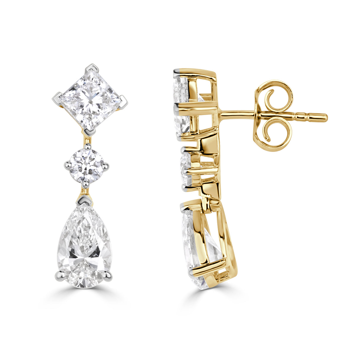 2.98ct Princess Cut, Round Brilliant Cut and Pear Shaped Lab Grown Diamond Drop Earrings