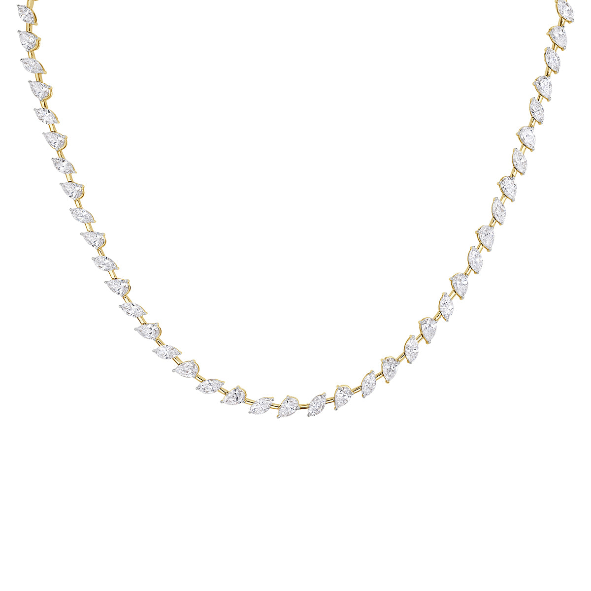 22ct pear shaped and marquise cut diamond tennis necklace set in yellow gold. 