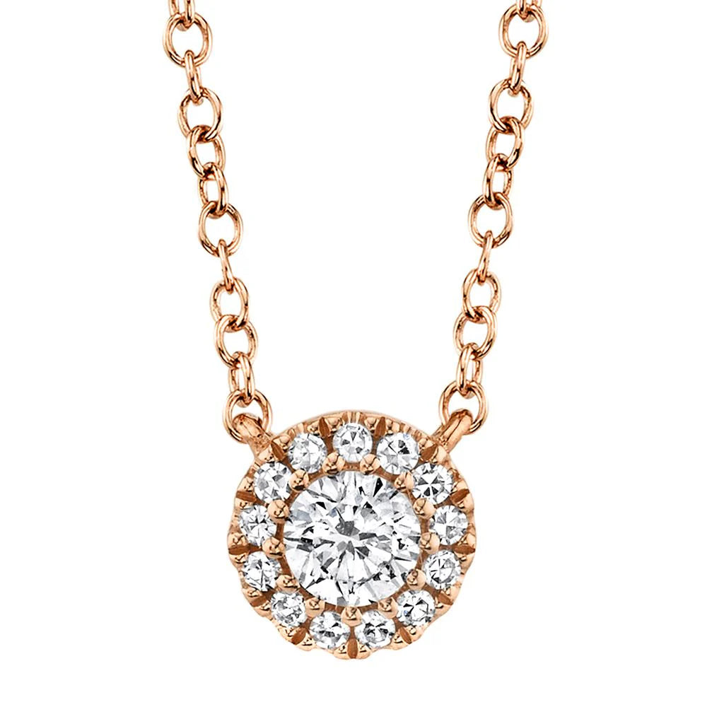 0.14ct Round Brilliant Cut Diamond Halo Pendant in 14k Rose Gold