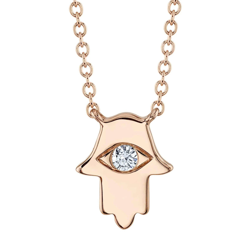0.04ct Round Cut Diamond Hamsa Necklace in 14k Rose Gold
