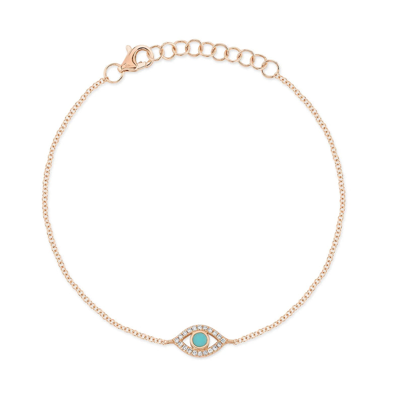 0.13ct Turquoise and Round Brilliant Diamond Evil Eye Bracelet in 14k Rose Gold