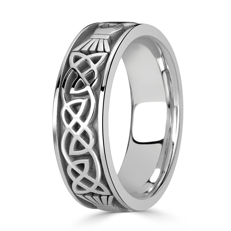 Mens Claddagh Ring in 18k White Gold at 7.0mm