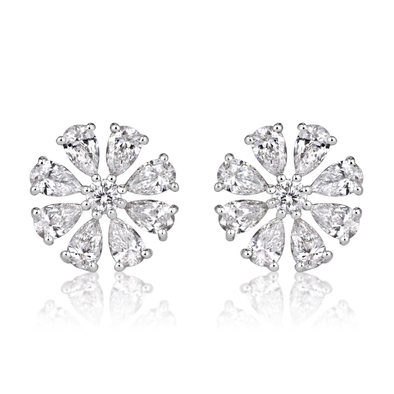 0.71ct Pear Shape and Round Brilliant Cut Diamond Floral Earrings in 18K White Gold