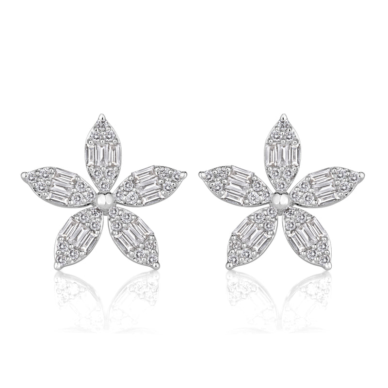 0.67ct Baguette and Round Cut Diamond Floral Earrings in 18k White Gold
